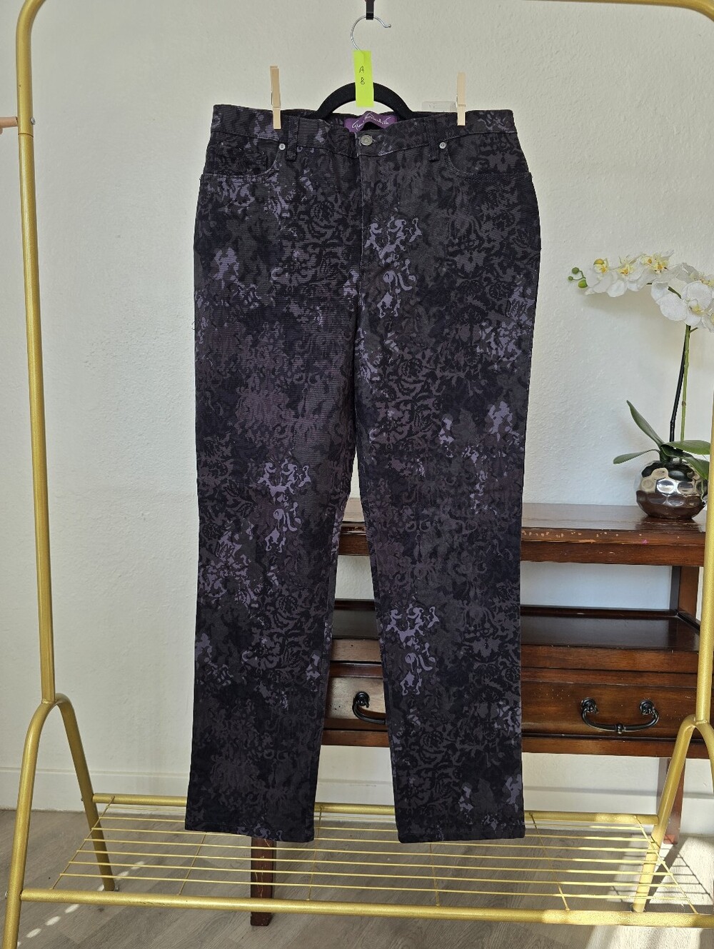 Black & Deep Purple Brocade Straight Leg Pants Size 12